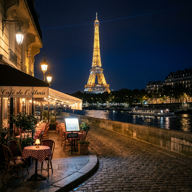Casal caminhando em Paris à noite perto da Torre Eiffel